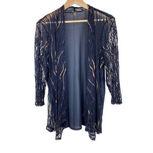 Chico's Travelers Collection 3 Blue Gold Sheer Open Lace Boho Cardigan Duster